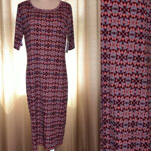 LuLaRoe Julia Geometric Retro Print Burgundy Blue Dress Womens XL New With Tags